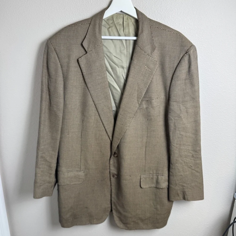 Ermenegildo Zegna Silk Wool Blazer Suit Jacket Tan Black‎ Houndstooth 46R Flaws